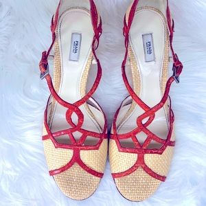 💯 Authentic PRADA Woven Straw w/ Orange T-Strap Wedge Sandal size 37 1/2.